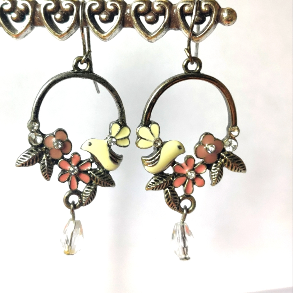 Vintage Gold enamel Bird and Flowers Earrings